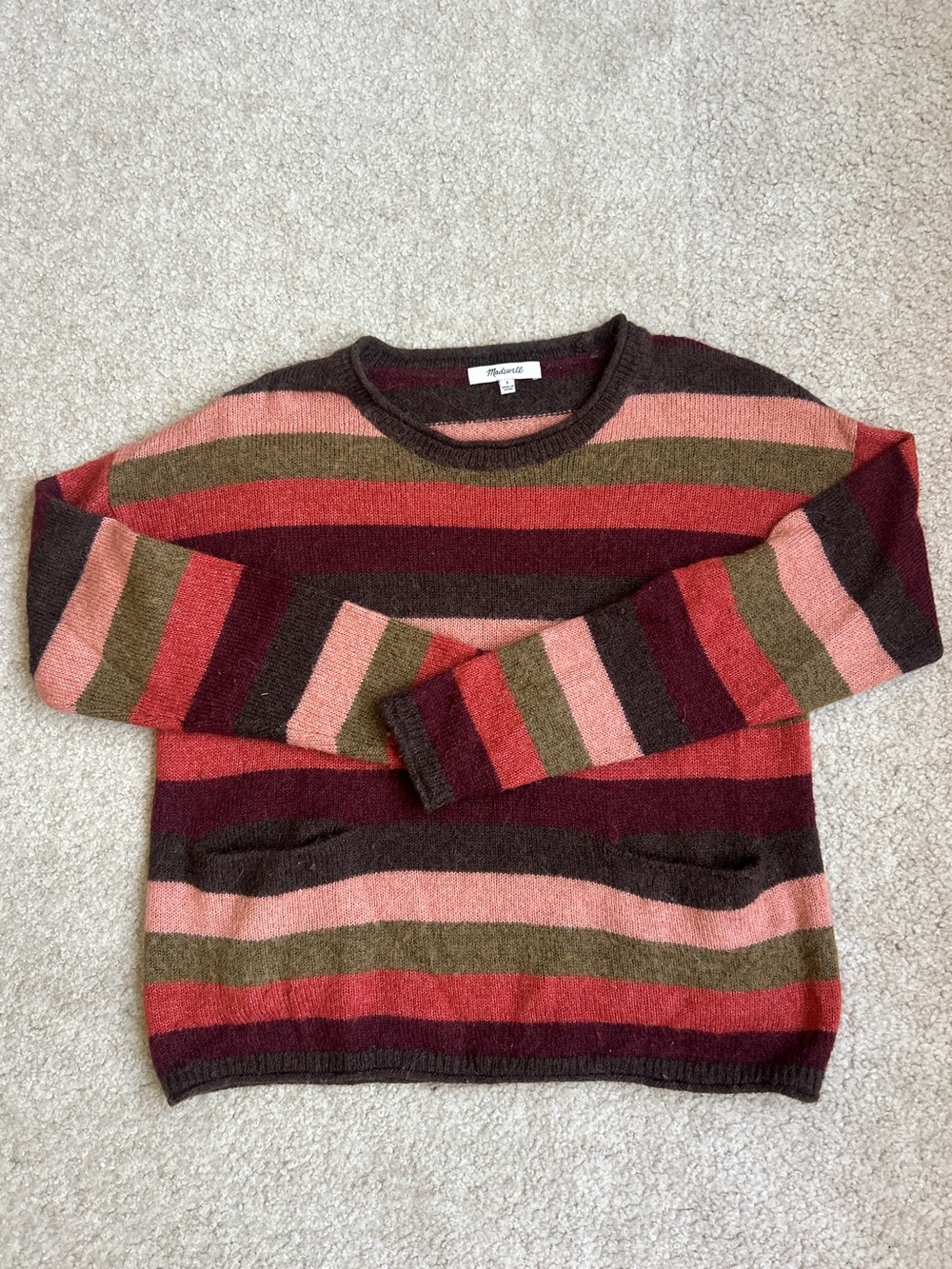 Madewell Brown and Pink Striped Crewneck Sweater